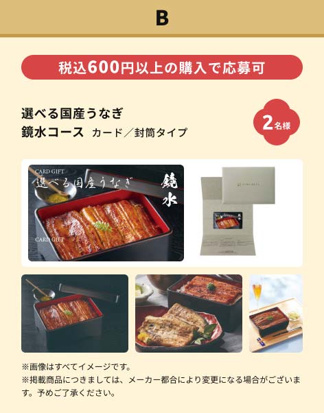 B賞　選べる国産うなぎ 鏡水コース カード／封筒タイプ　2名様　税込600円以上の購入で応募可